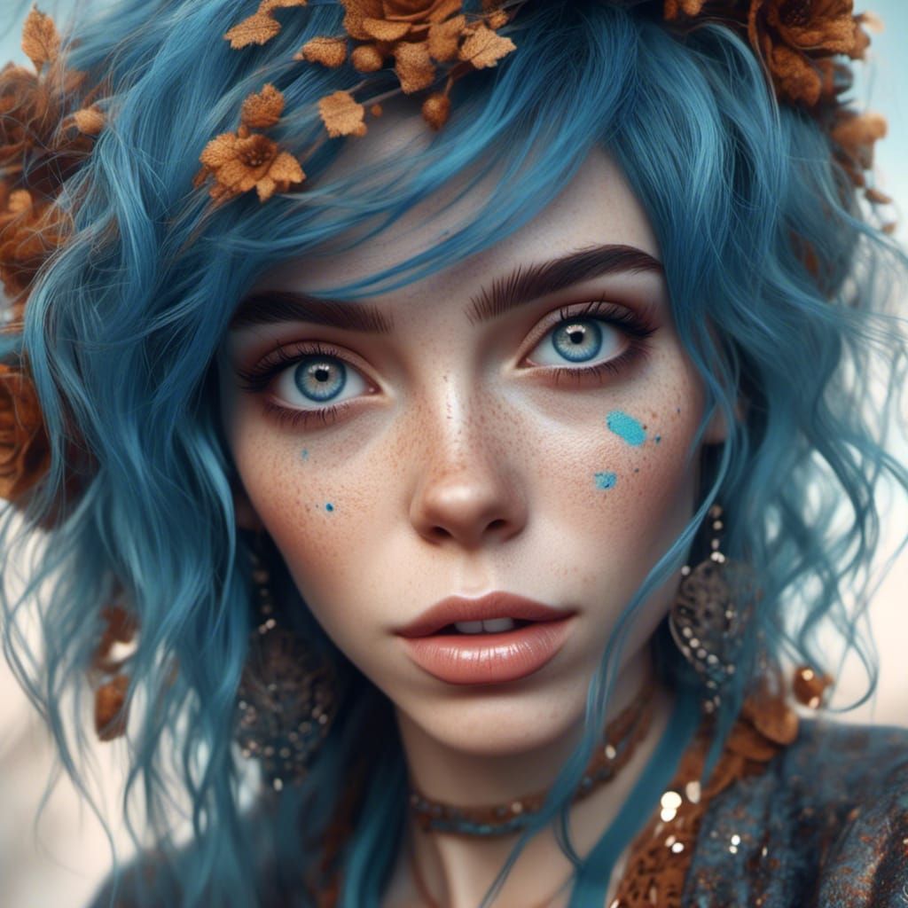 Whimsical Woman Portrait with Blue Hair in 8k