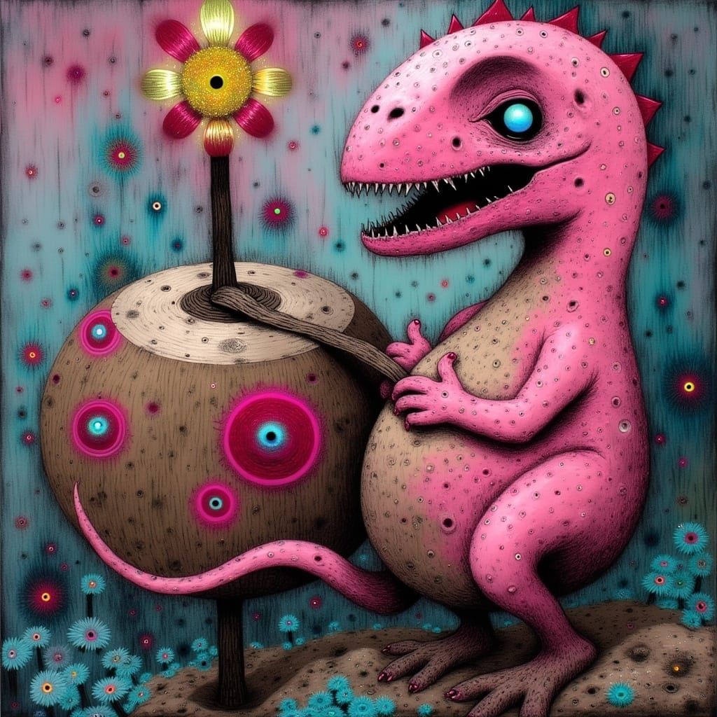 Pink T-Rex Banging Gong in Expressionist Style