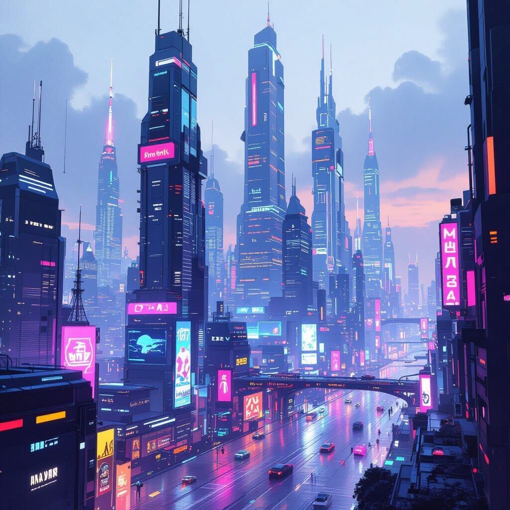 Cyberpunk Metropolis: Neon Skyscrapers in Futuristic Citysca...