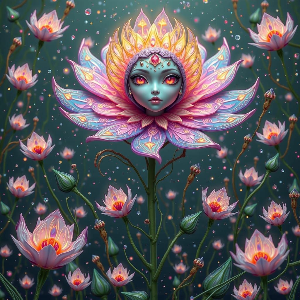 Otherworldly Moon Flower Fairy in Lush Garden