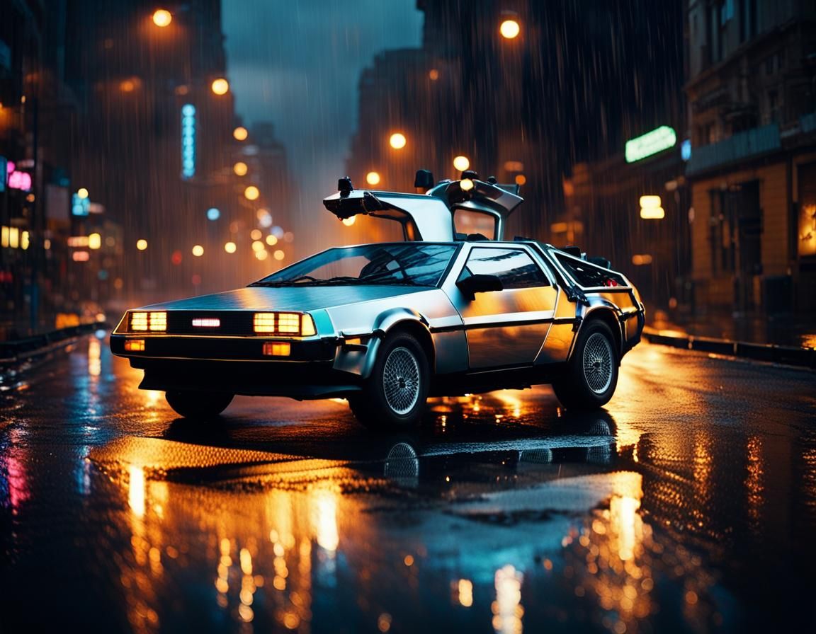 Silver DeLorean Speeding on Rainy Road