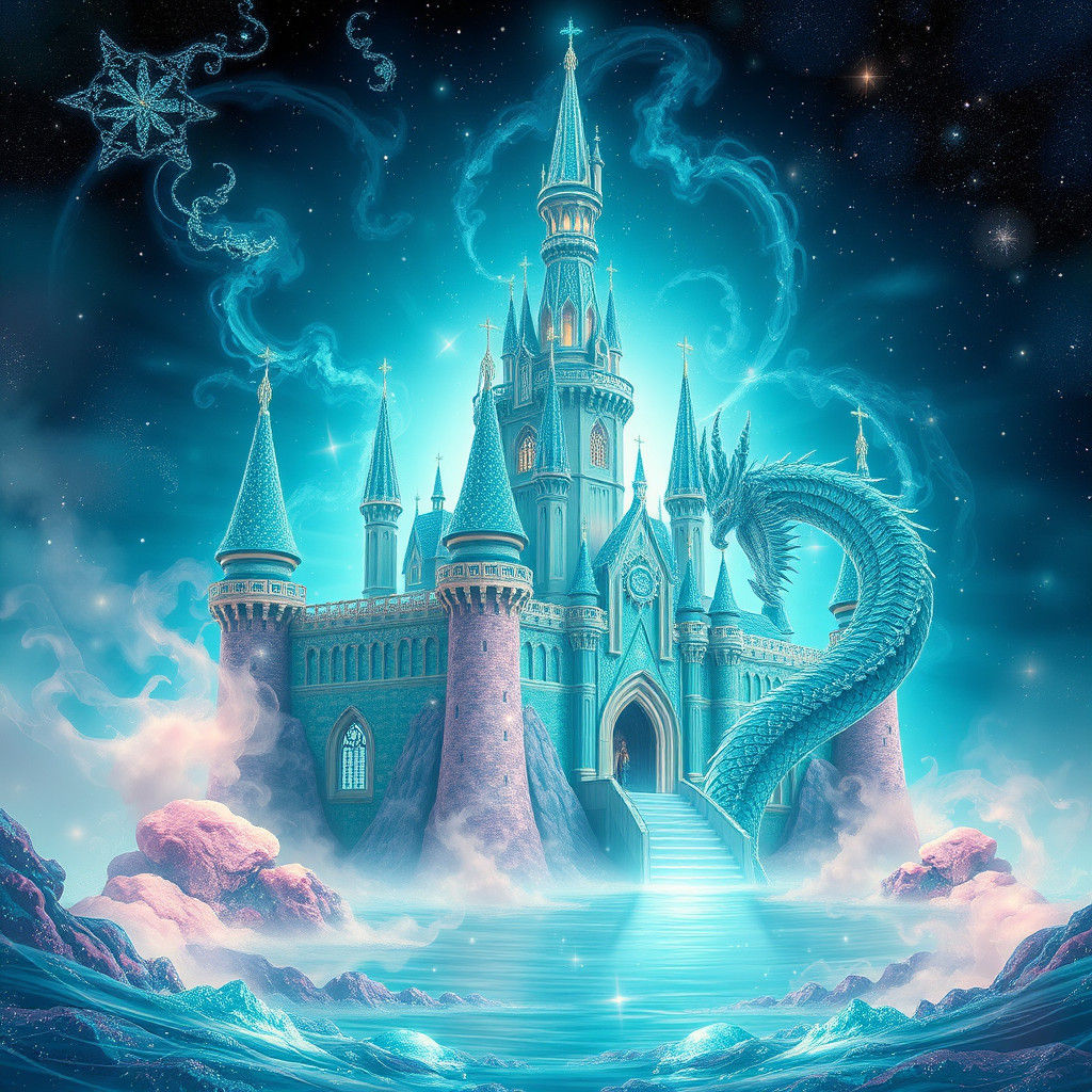 Ethereal Castle with Cosmic Dragon in Mixed Media