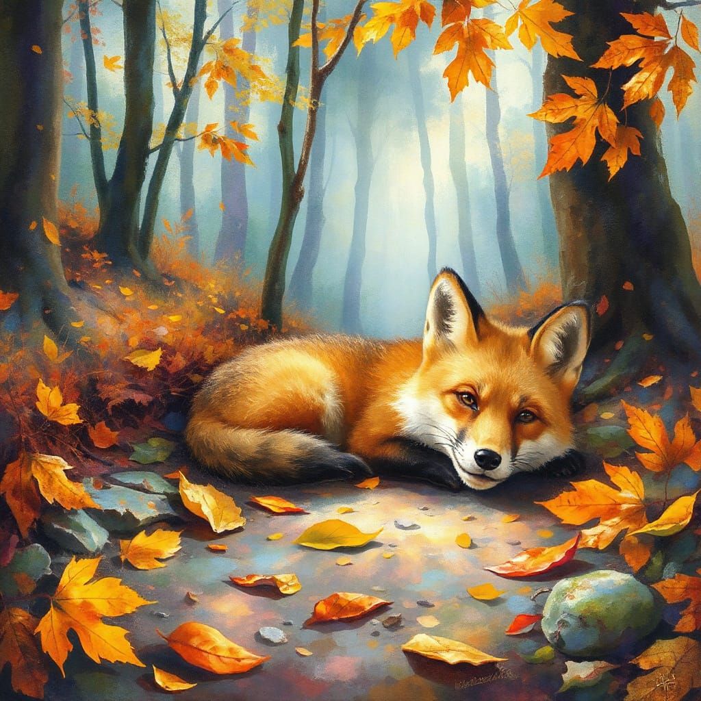 Surreal Autumn Forest Scene in Vibrant Watercolor Style