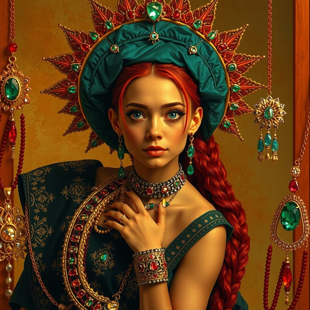Regal Oracle with Emerald and Ruby Adornments