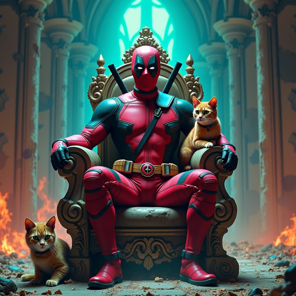 Deadpool on Throne with Deadpool Cat, Ash Thorp Style