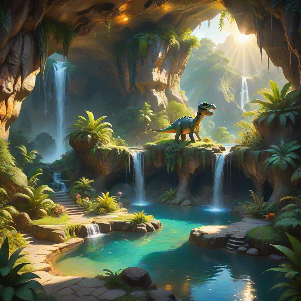 Magical Dinosaur Pool in Fantasy Landscape