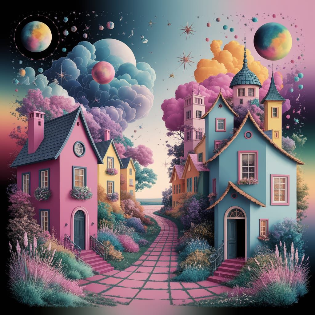 Pastel Village Dreamscape in Dadaism Style