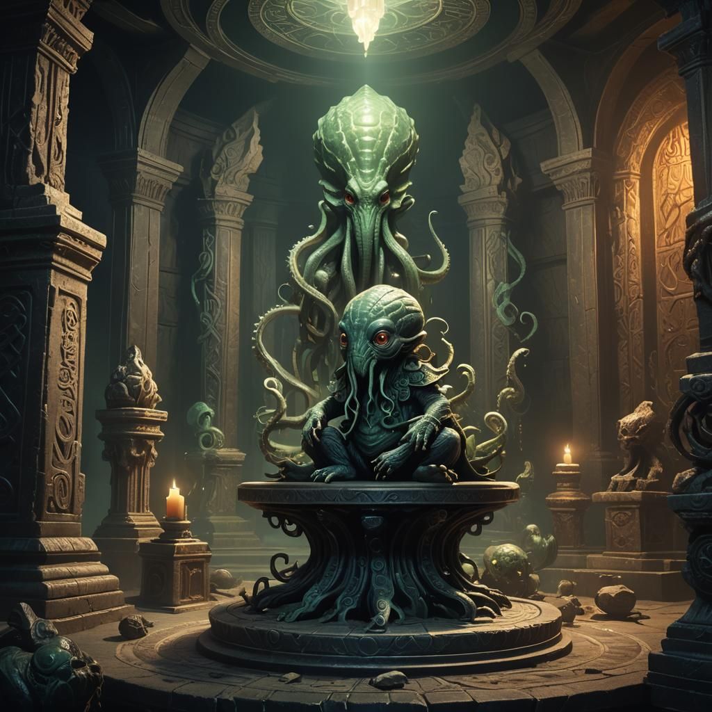 Baby Cthulhu in Mystical Chamber: Dark Fantasy Art
