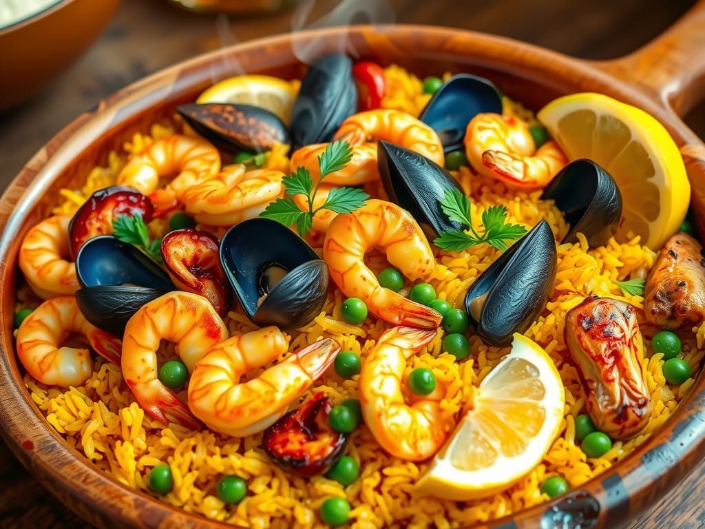 Rustic Spanish Paella in a Wooden Bowl