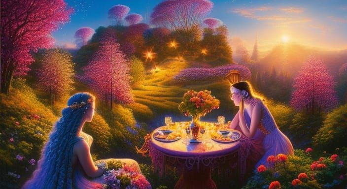 Woman in Lace Flower Room: Gouache Painting