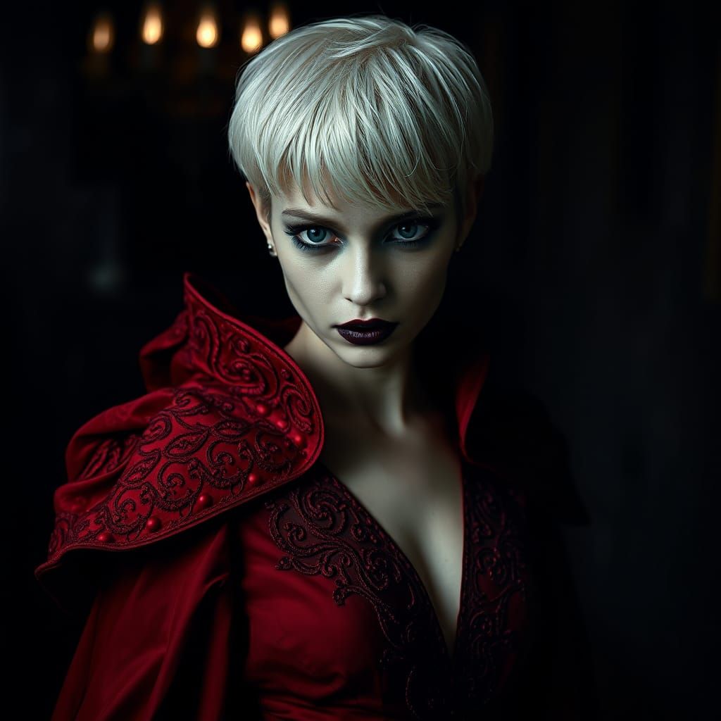 Mysterious Woman in Red Gown: Dark Surrealism