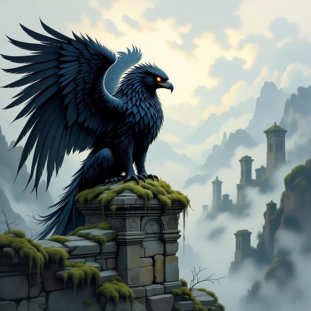 Majestic Griffin on Ancient Ruins in Dark Fantasy Style