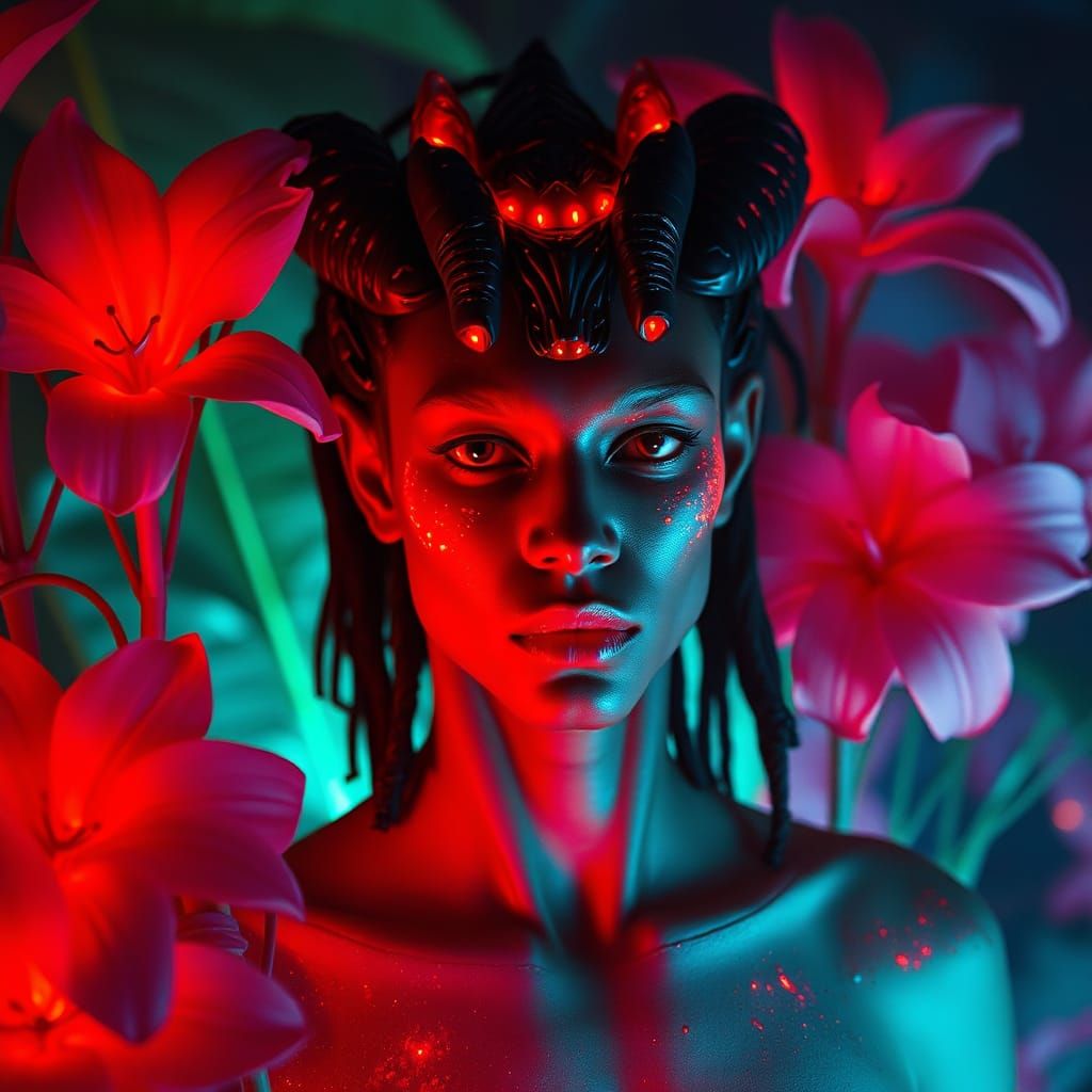 Fire-Color Shapeshifter with Neon Flowers in Cinematic Style