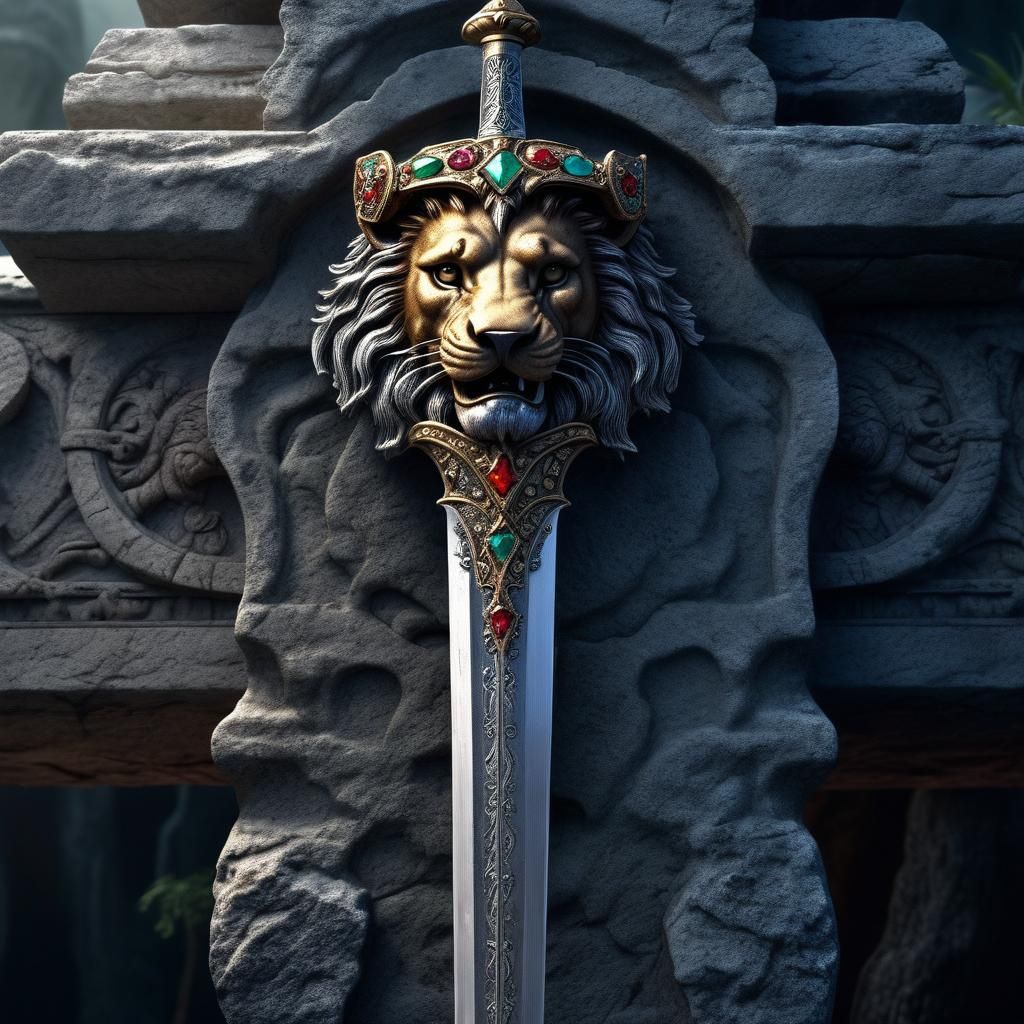 Jeweled Lion Hilt Sword Embedded in Stone