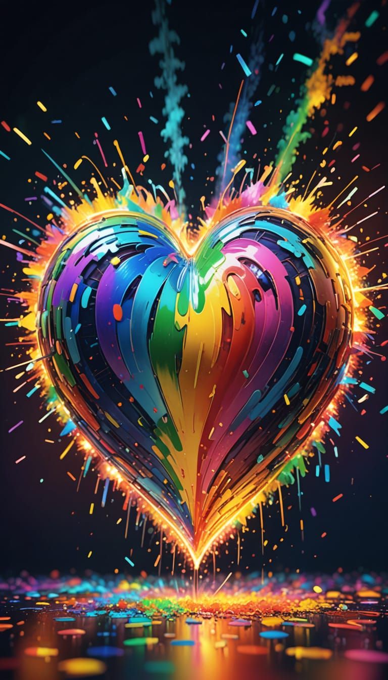 Glowing Rainbow Heart with Fireworks in Fauvist Style