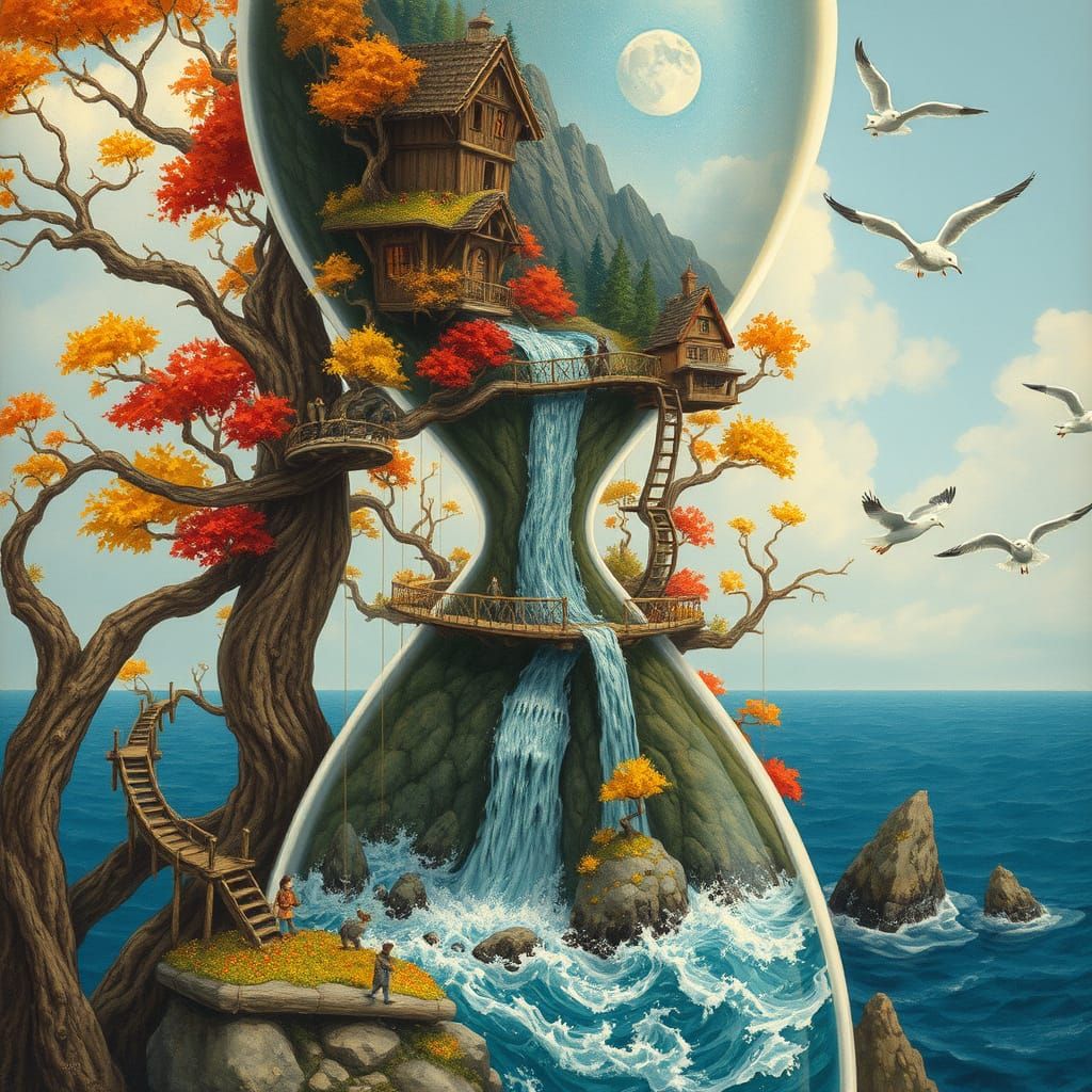 Whimsical Treehouse Village with Transparent Hourglass and V...