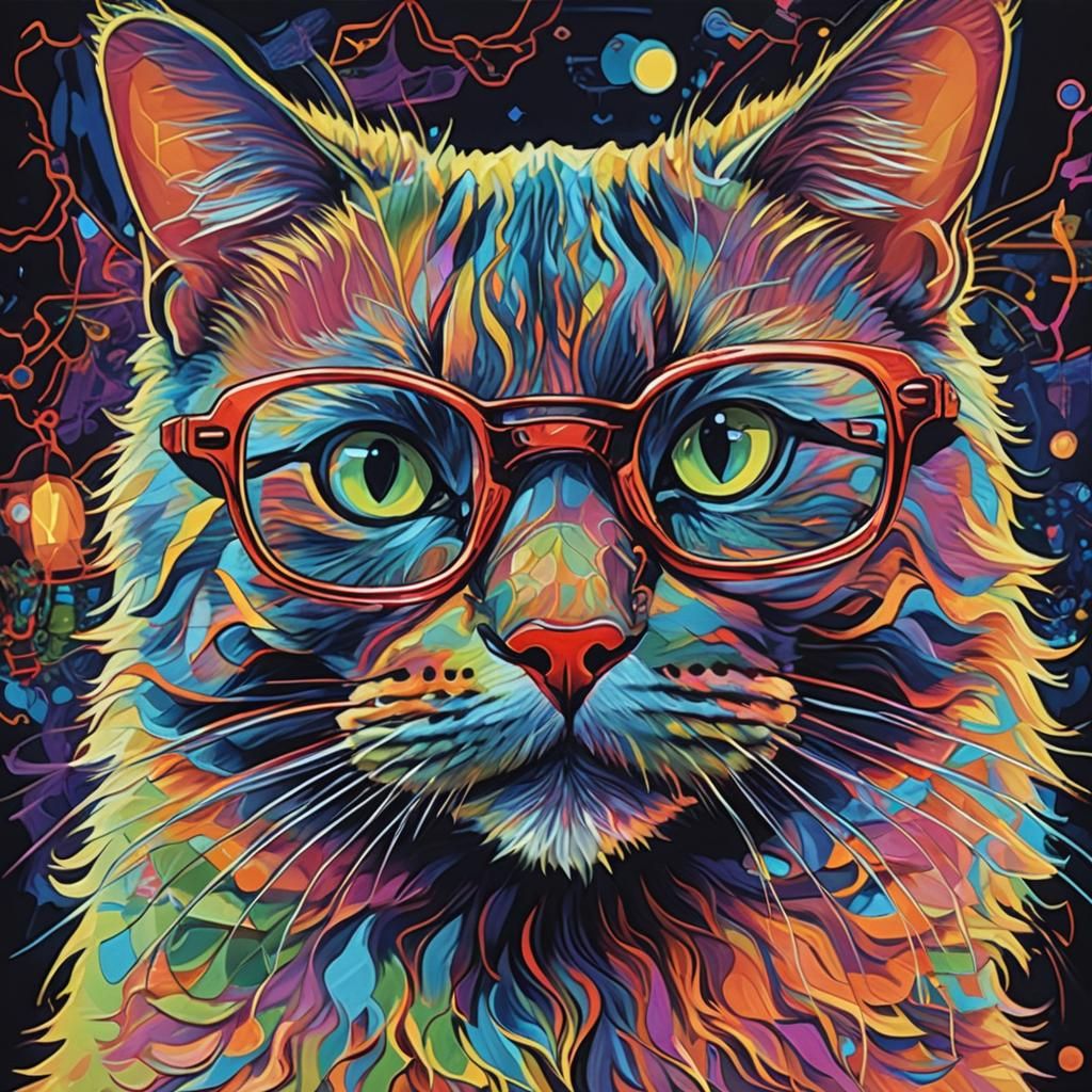 Neon lights.
A Neon Cat with a big notable glasses is watching a movie at home