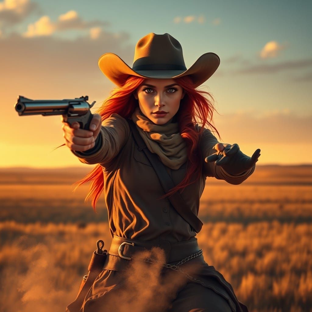 Red-Haired Bandit Aims Revolver on Prairie