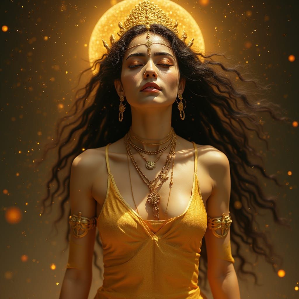 Epic Goddess Kali Absorbing Celestial Energy in Golden Glory