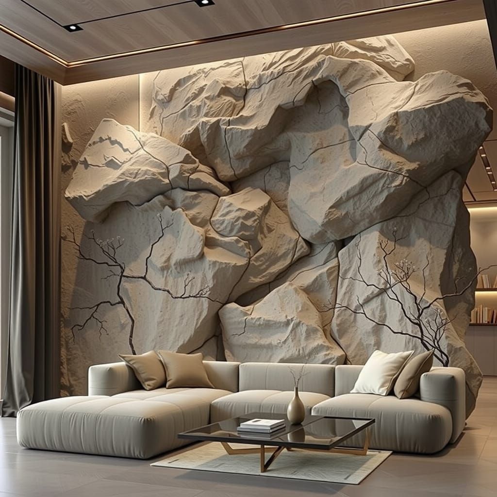 Modern Living Room with Black Stone Wall and Sleek Furniture