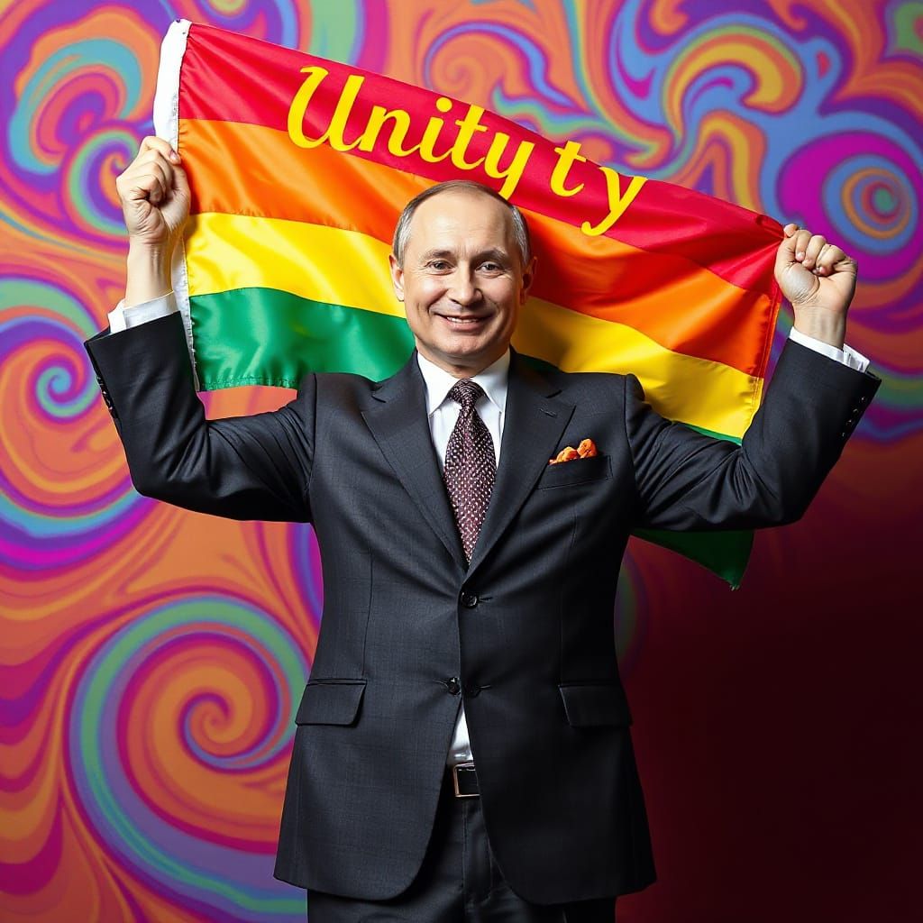 Campy Digital Image of Figure Holding Rainbow Flag