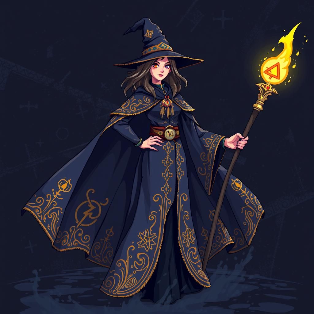 Mystical Sorceress with Glowing Staff: 8-bit Pixel Art