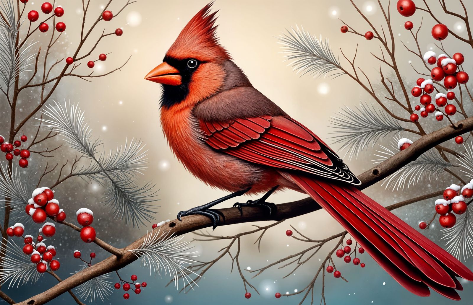 Serene Red Cardinal Perched in Winter Wonderland