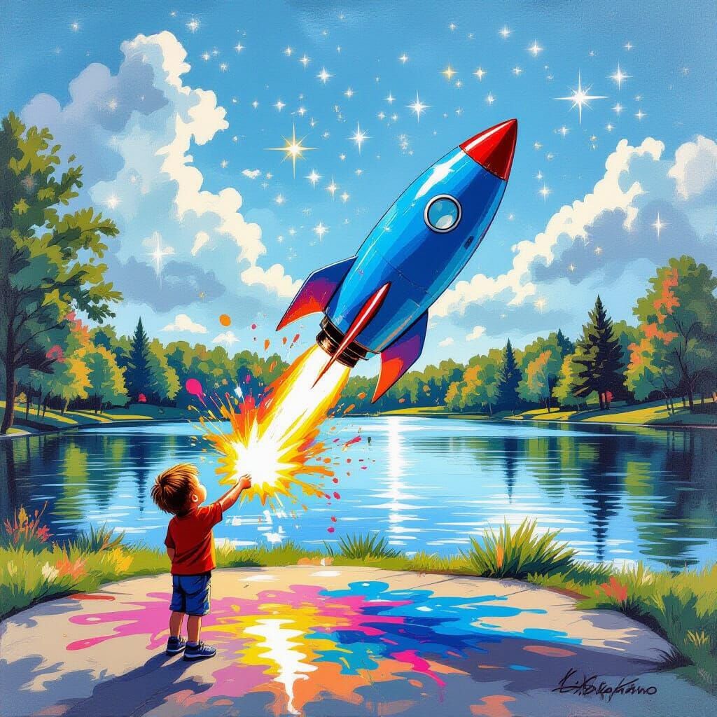 Blue Rocket Launch in Cosmic Graffiti Style