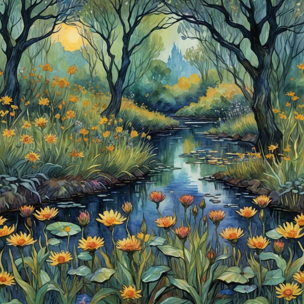 Dark Fae in Impressionist Watercolor Landscape