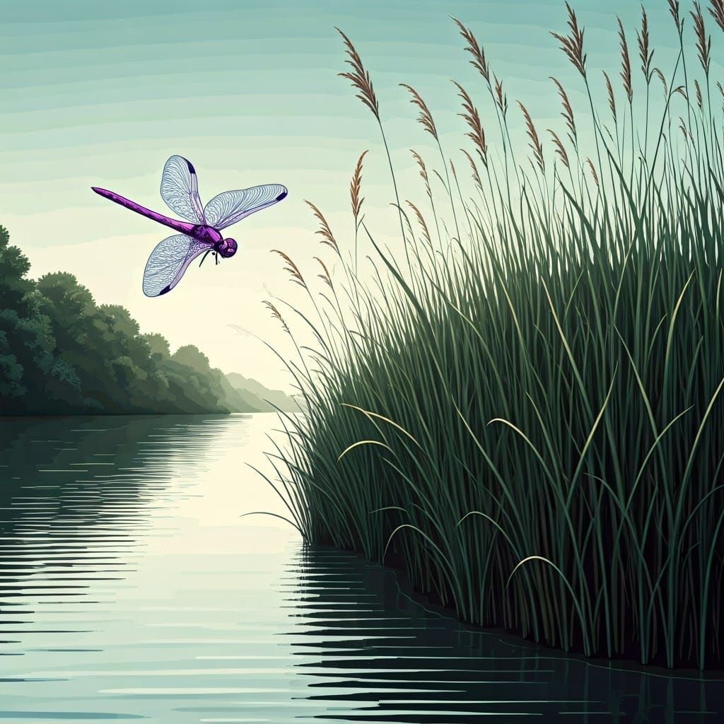 Purple Dragonfly over Riverbank Meadow in Zentangle Style