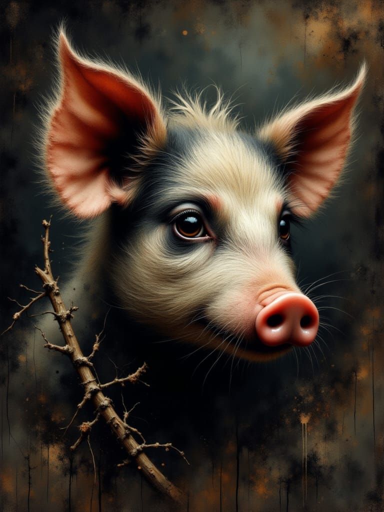 Action Piglet in Charcoal with Gold Highlights