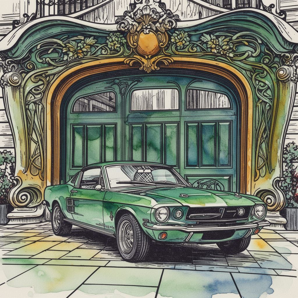 Storybook Green Car in Art Nouveau Rococo Garage