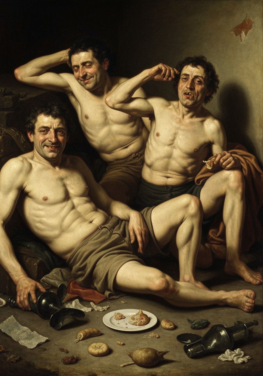 Darkly Humorous Oil Painting of Lazy Philistines