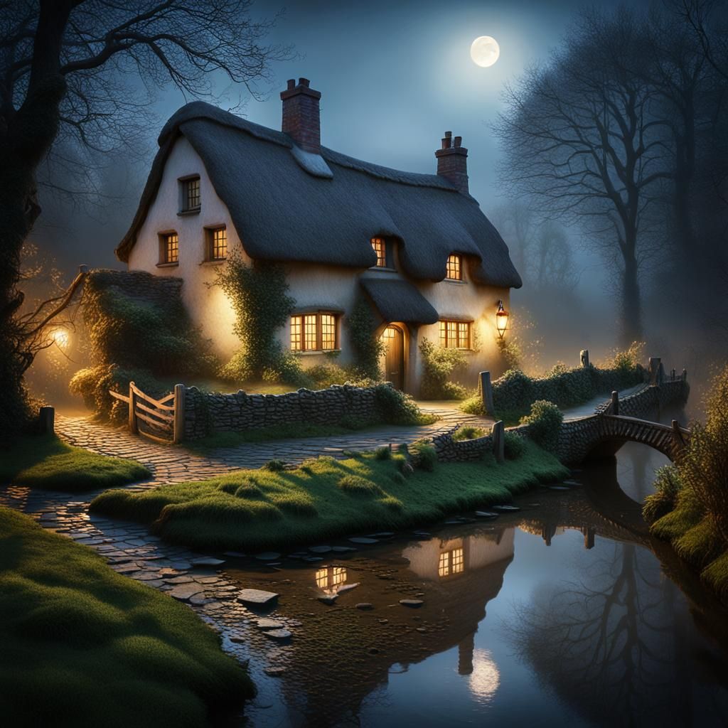 Moonlit Cottage by Stream: Atmospheric Night Scene