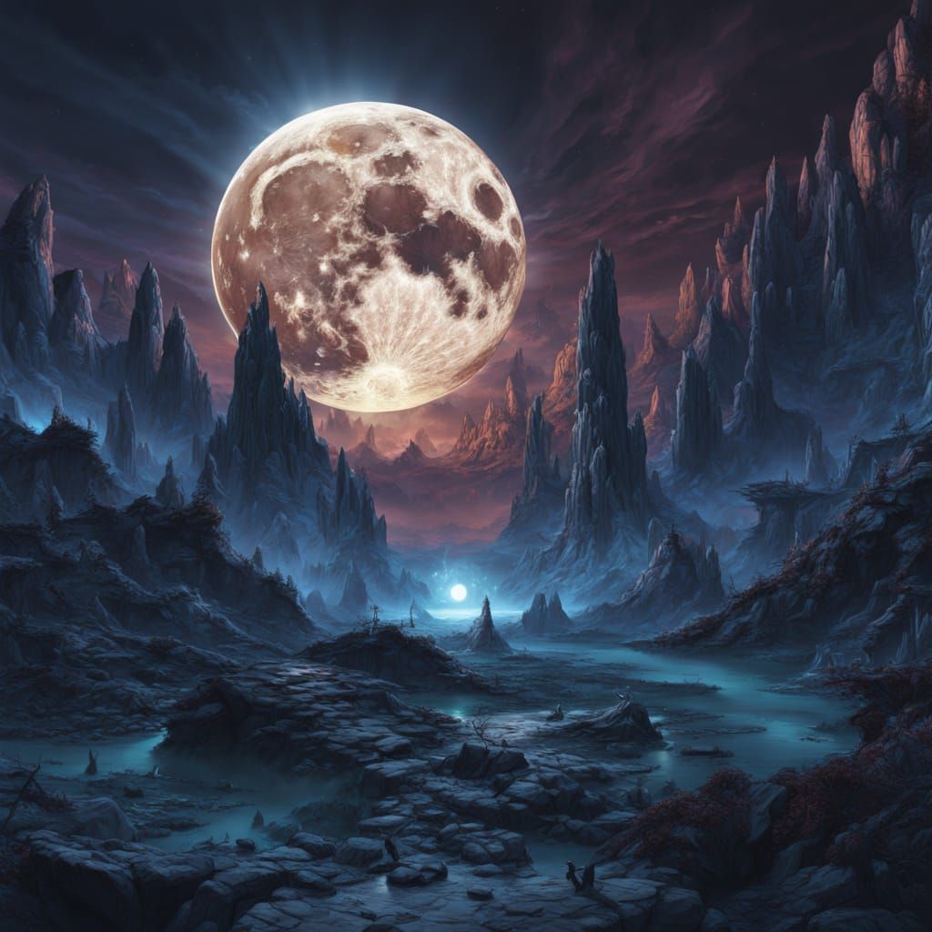 Ancient Moon Over Crystalline Landscape in Deep Indigo Sky