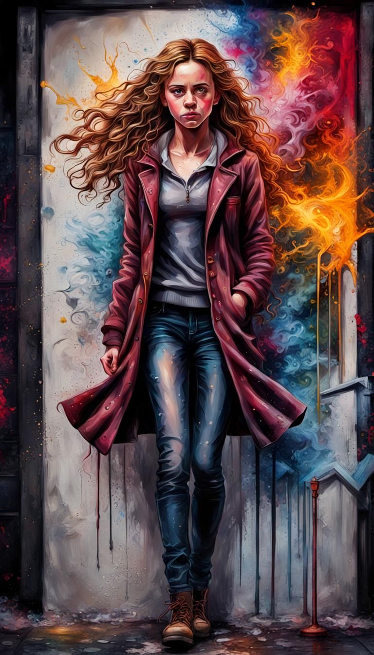 Enticing Hermione Granger in Hyperrealistic Graffiti Art