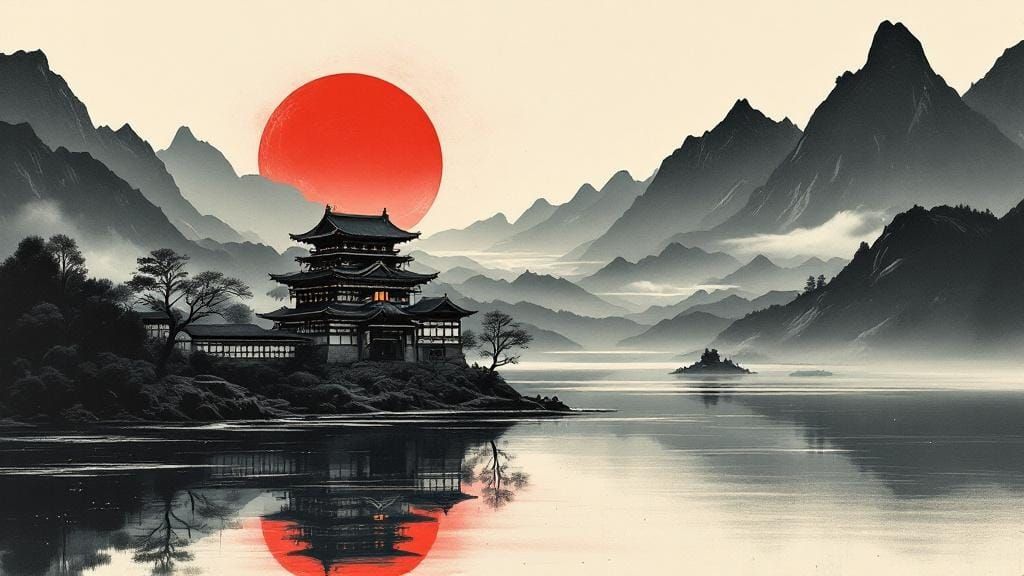 Japanese Castle on Lake in Nihonga Painting Style