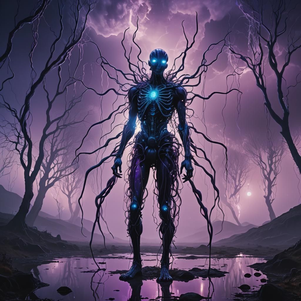 Surreal Sci-Fi Figure with Bioluminescent Legs