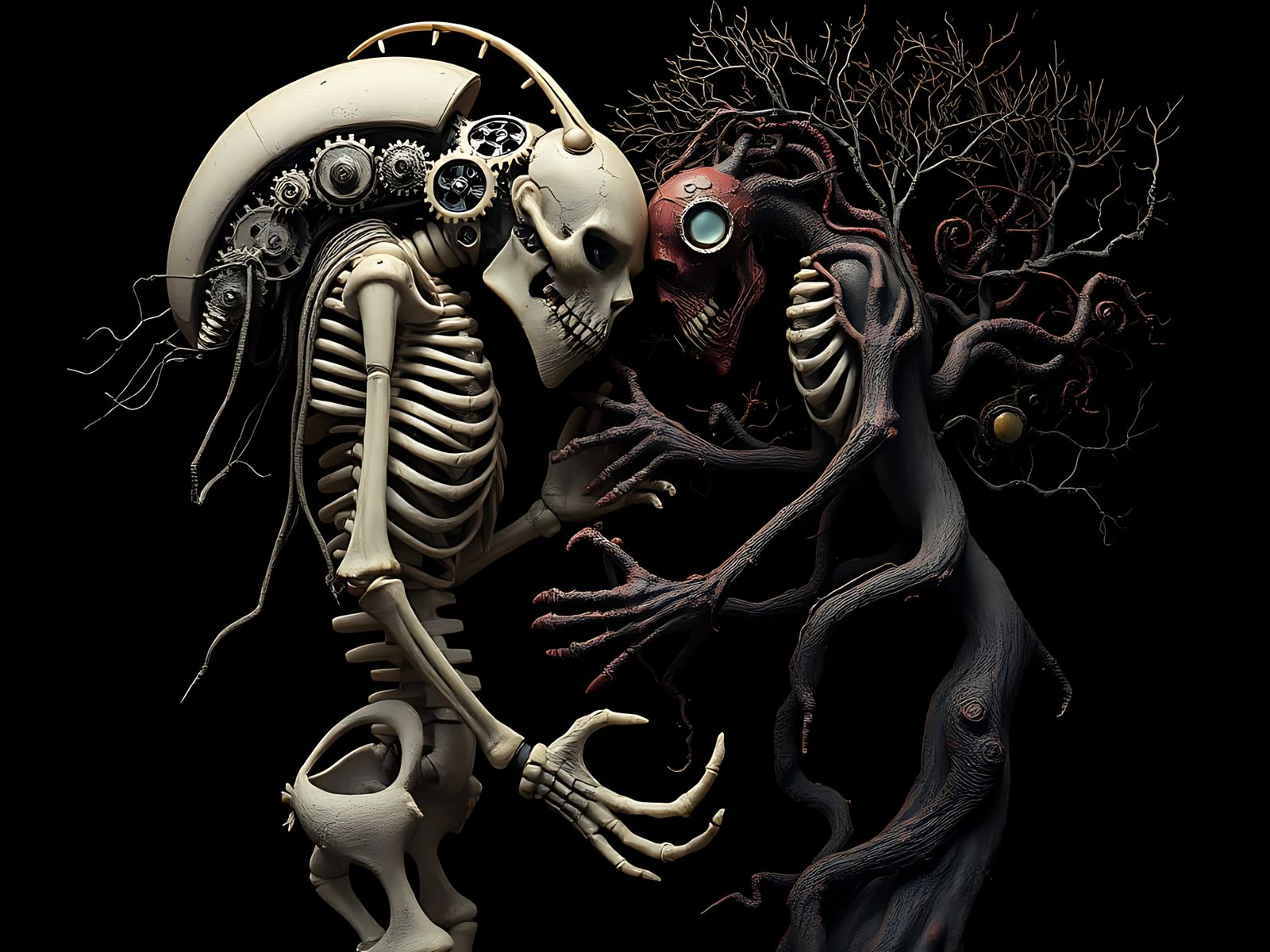 A pair of colossal, surreal automatons locked in a yin and yang embrace . . .
