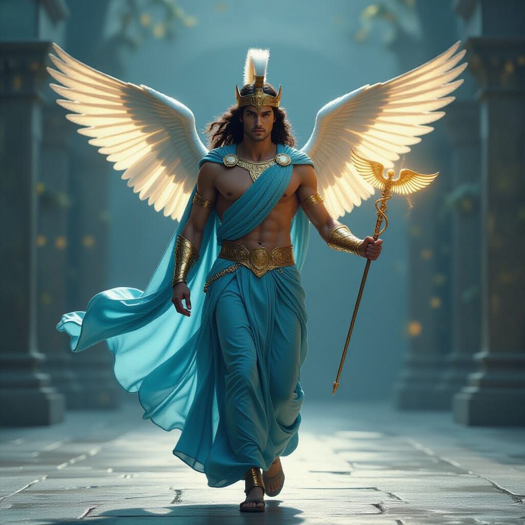 Hermes in Flowing Blue and Gold Robes, Cinematic Masterpiece