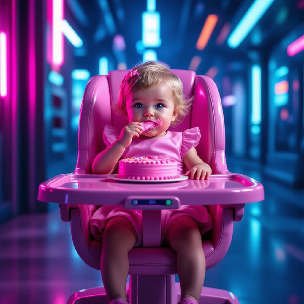 Cyberpunk Baby Girl Eating Pink Cake
