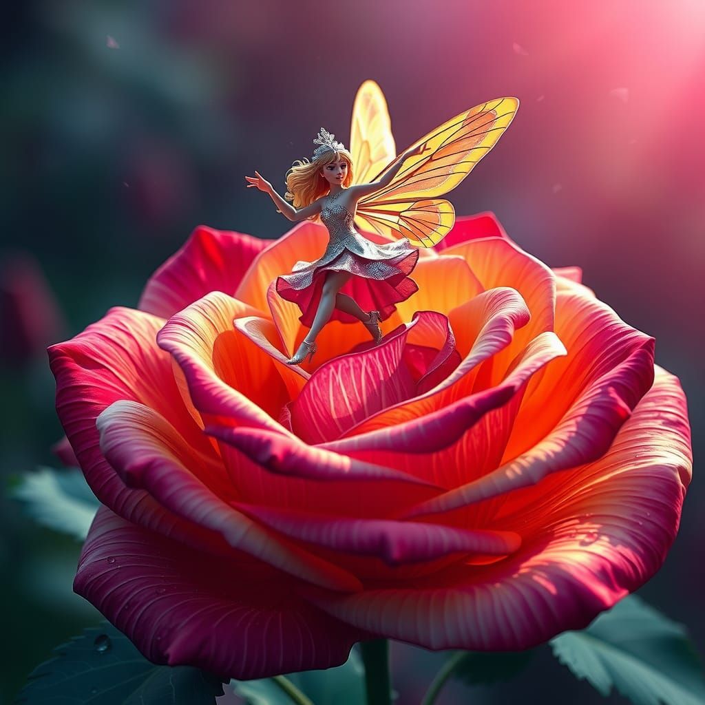 Flower Fairy Dancing on Rainbow Rose in Detailed Painting