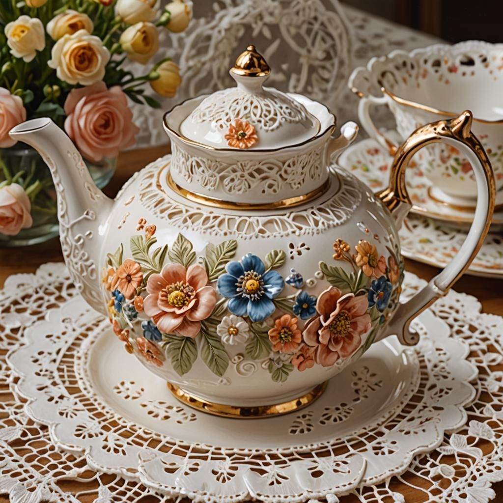 Victorian Ceramic Teapot: A Whimsical Oil Painting