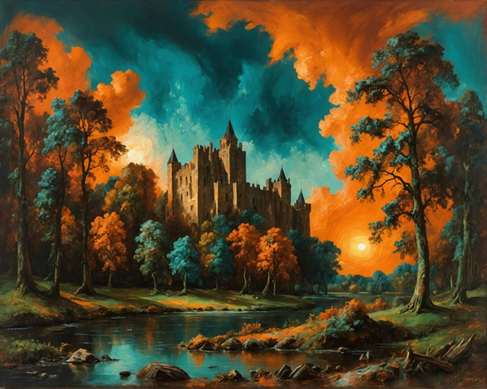 Medieval Castle Oil Painting in Romanticism Style