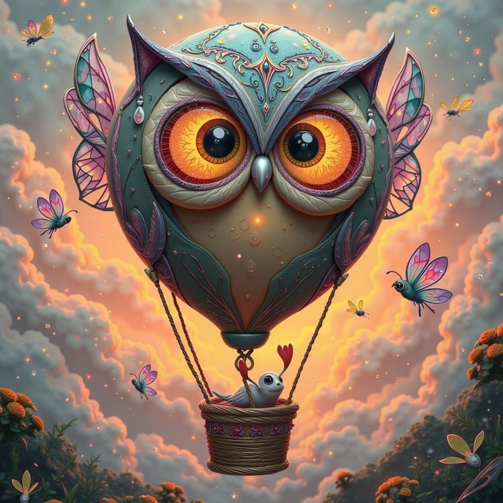 Owl Hot Air Balloon in Whimsical Patchwork Style