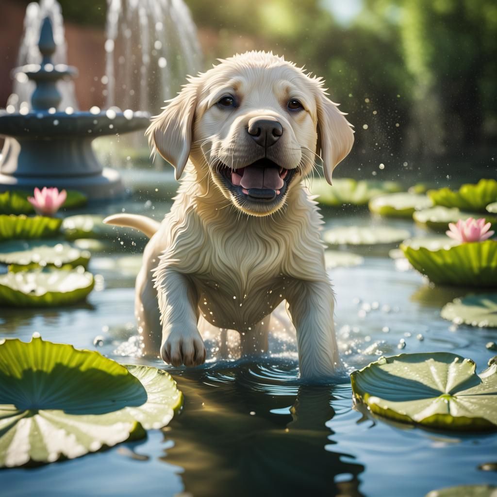 Happy Labrador Puppy Splashing in Water Fountain