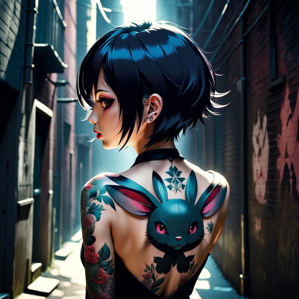 Anime Woman with Rabbit Tattoo in Dark Alley