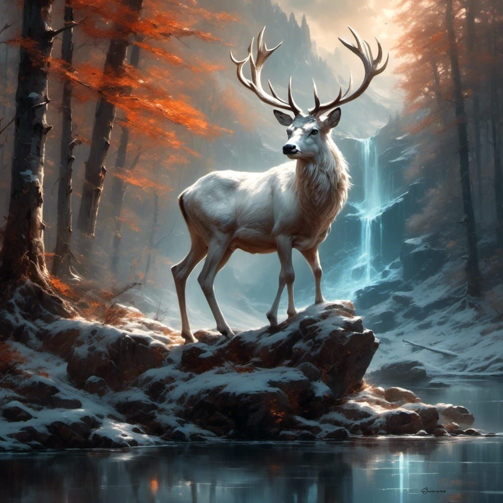 Majestic White Stag in Enchanted Forest