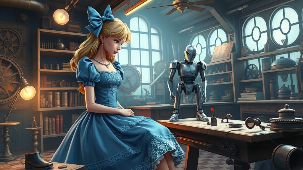 Steampunk Alice Invents Robot White Knight in Whimsical Work...