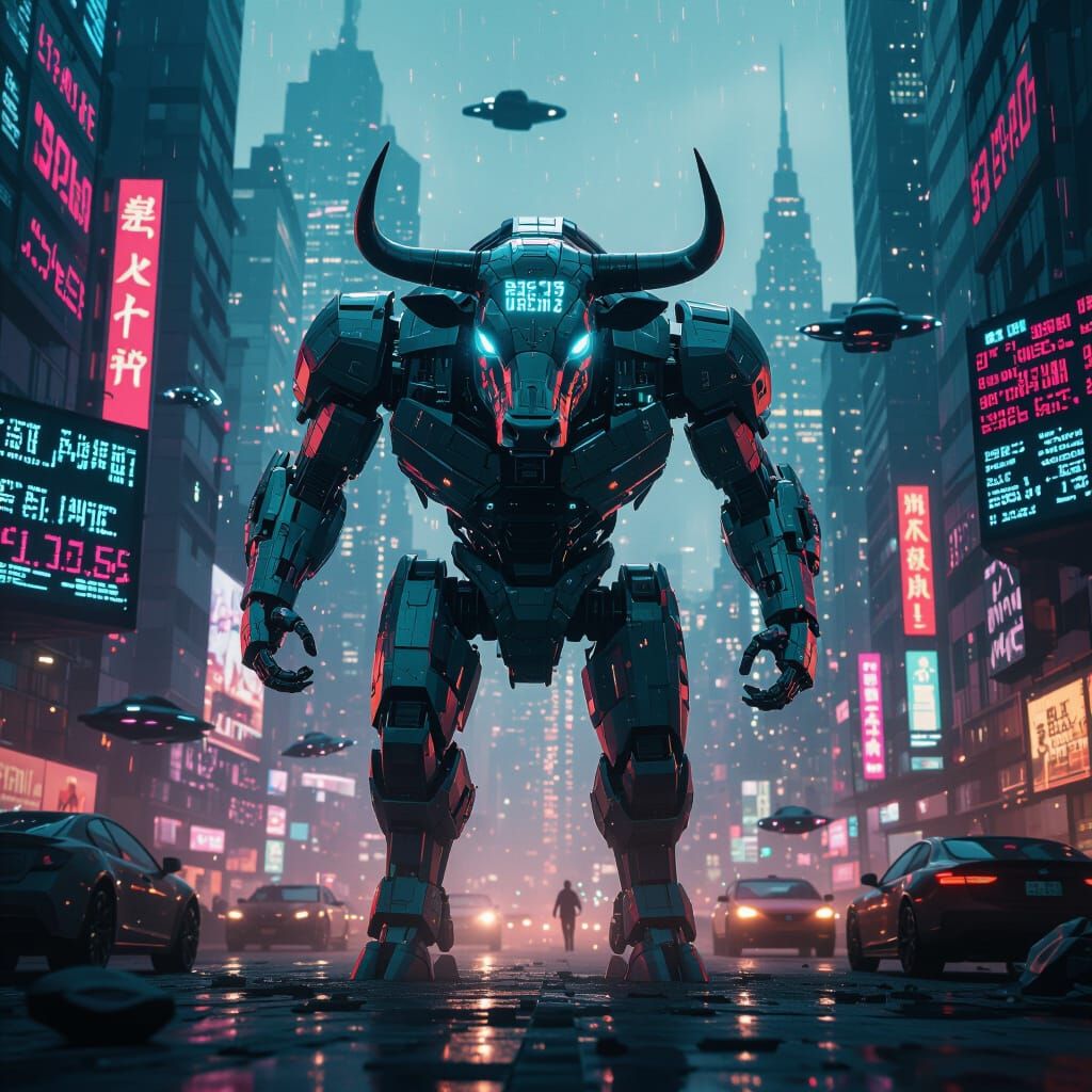 Cyberpunk Cyborg Bull in a Futuristic Cityscape